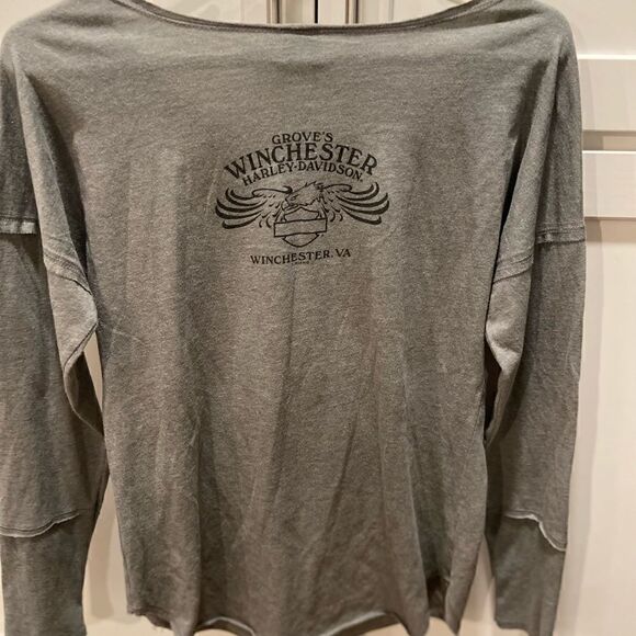 Harley Davidson Womens Long Sleeve Shirt Gray Silver BLING Logo SKULLS Pullover - Picture 2 of 10